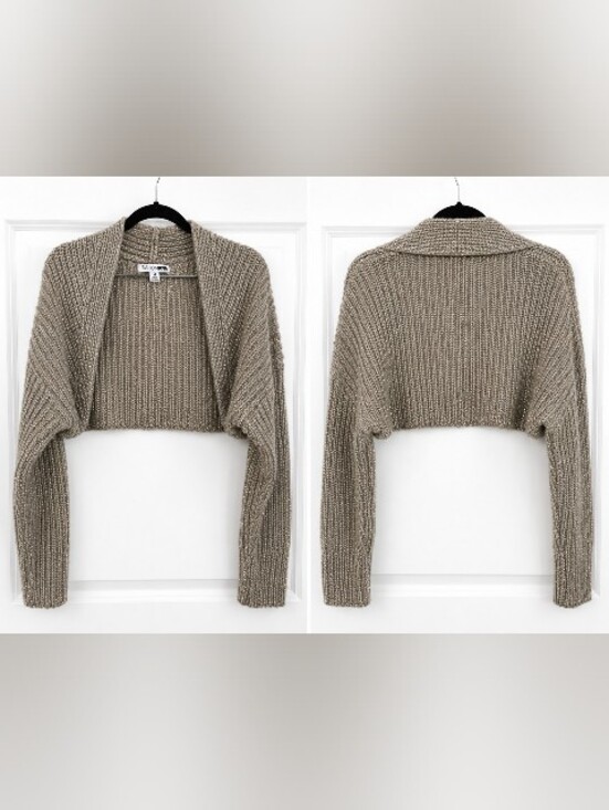Fashion Nova Sweaters - Women's Cottagecore Knit Taupe Cropped With Metallic Accents Shrug Size Medium